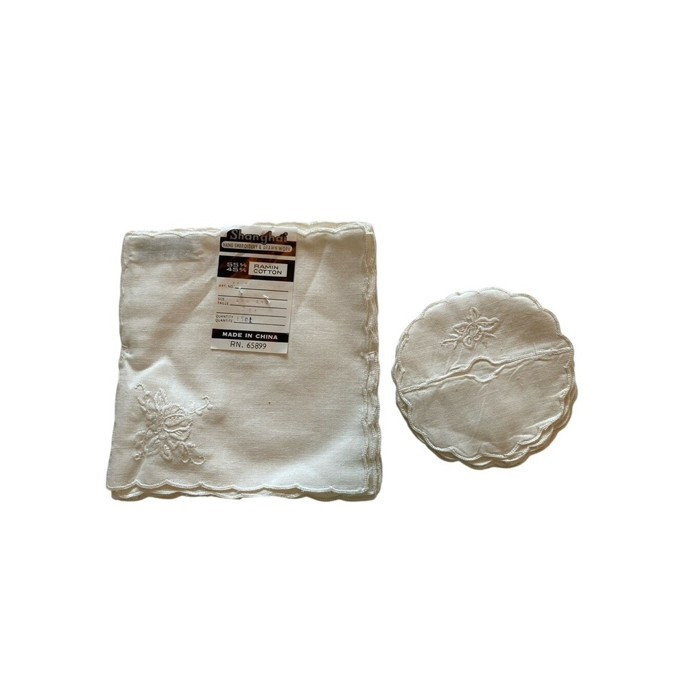 Shanghai White Embroidered Cotton 24 Piece Cocktail‎ Napkin Drink Slipper Set